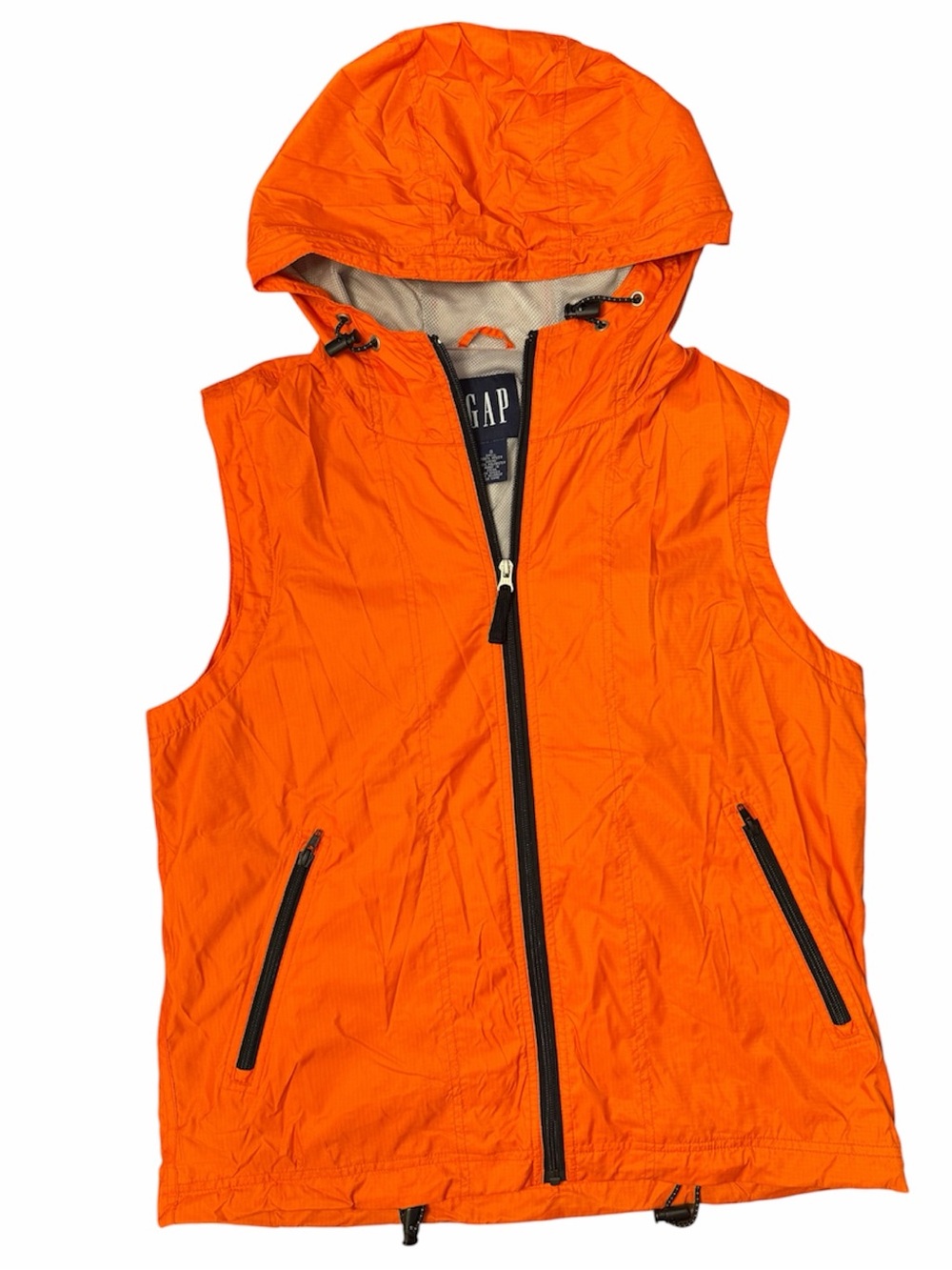GAP Men’s Neon Orange Utility Vest Size Small Hooded Waterproof Full Zip Nylon